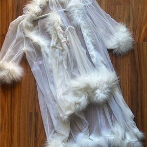 Agent Provocateur Sheer Ivory Robe Jacket with Faux-Fur Trim